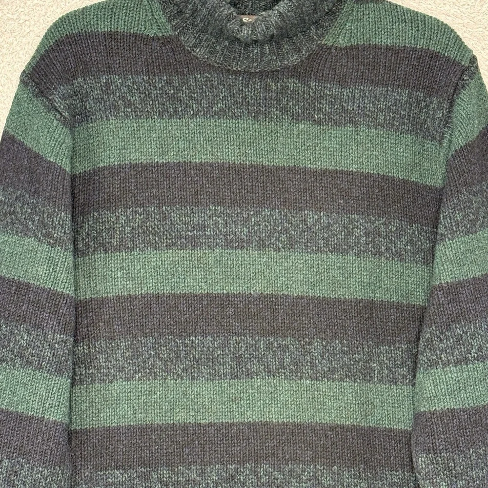 Vtg Eddie Bauer Sweater‎ Mens L Green Striped 100% Lambswool Knit Turtleneck